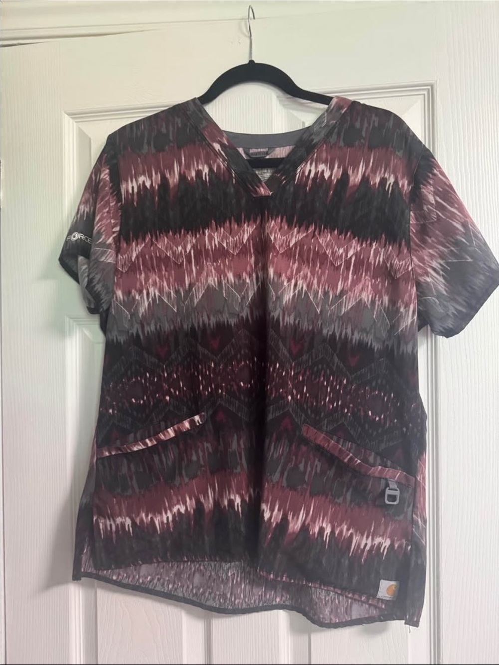 Carhartt Maroon, Black and Gray Patterned V-Neck Scrub Top